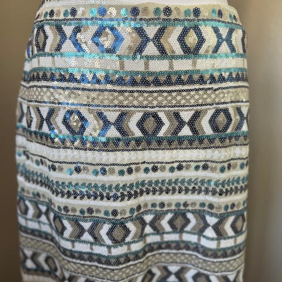 Mark Zunino Sequined Aztec Skirt Blue & Gold Stretchy Pencil Skirt Size 6 -G0212 - Picture 2 of 5